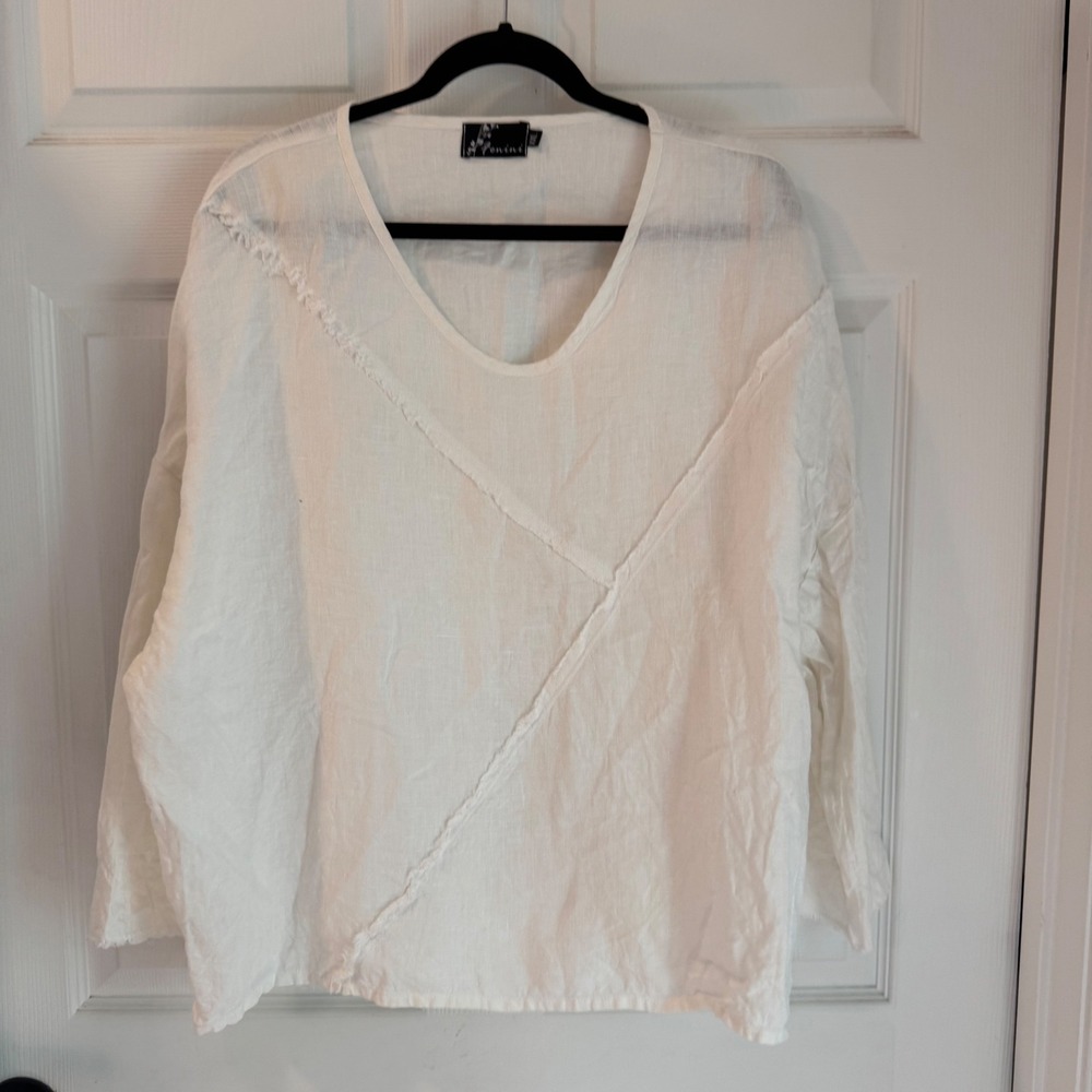 Fenini Blouse Women's‎ Sz XXL White Linen V-Neck Raw Edge Lagenlook C44826